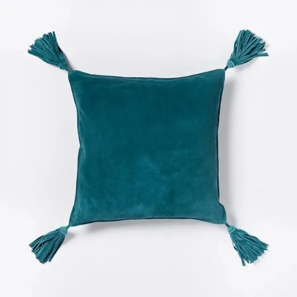 NWT West Elm Suede Tassel Pillow Cover Deep Teal 15x15 Retail $79
